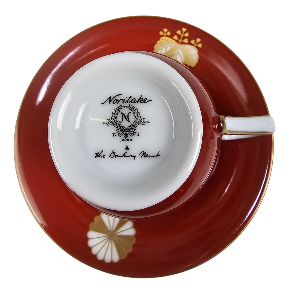 Noritake Danbury Mint Red Gold Floral Crest Bone China Tea Cup and Saucer Set - Picture 7 of 9